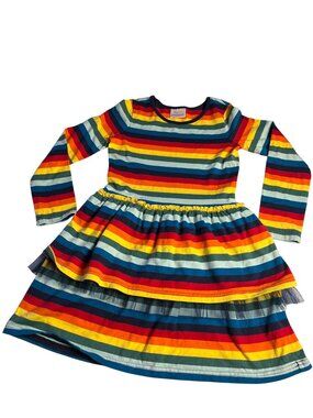 Hanna Andersson Striped Rainbow Tiered Dress Girls Cotton & Tulle Blend Size 8